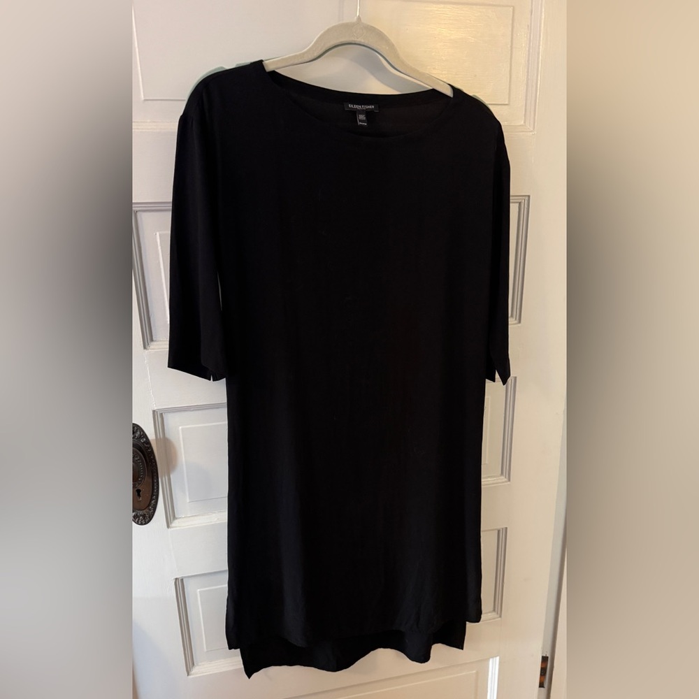 Eileen Fisher Bateau Neck Silk Georgette Crepe Dress w/ Hi Low Hem EUC Petite S